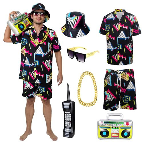 YQVGFBY 80er 90er Jahre Outfit Herren Retro Shirts und Shorts Set, Hip-Hop Strand T-Shirts und Shorts, Jogginganzüge, Badass-Kostüme, Faschingskostüme, Karnevalskostüme (Schwarz, 2XL)
