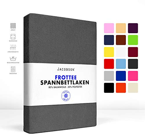 Jacobson Premium FROTTEE Spannbettlaken Spannbetttuch Bettlaken Baumwolle ca. 200g/m² (140-160x220cm + 40cm, Anthrazit)