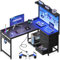 Coleshome Escritorio Gaming con LED, 110 x 80 cm Reversible Mesa Gaming con Cajones y Tomas de Corriente, Escritorio Esquinero con Estantes y Espacio de Almacenamiento, Fibra de Carbono Negra