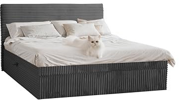 Kaiser Möbel - Bett 180x200 cm, Boxspringbett mit Bettkasten und Topper, Cord Schlafzimmerbett, Doppelbett mit Stauraum und Gepolstertes Kopfteil, Toppermatratze aus Viscoschaum - Trento - Graphit