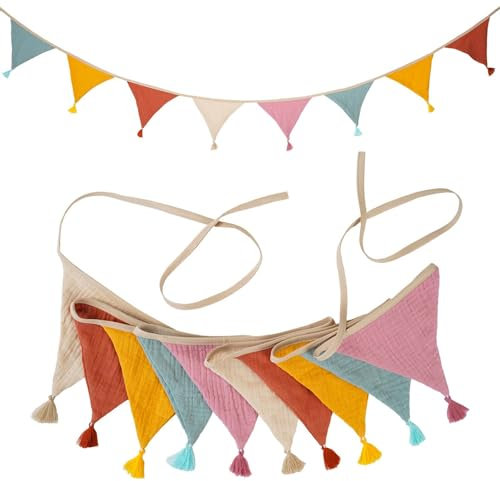Girlande Wimpelkette Kinderzimmer,Musselin Baumwolle Stoff Wimpelkette Mit Quasten,2.6m Doppelseitig Stoff Wimpelkette,Für Girlande Kinderzimmer Deko,Wanddeko,Gartenparty,Birthday,Girlande Dekoratione