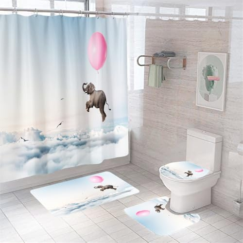 Badezimmerteppich Rosa Ballon Elefant Badteppich rutschfest Waschbar Badgarnitur 4 Teilig – Badematte Set Mit Wc-Vorleger Und Badematte,Teppich Badezimmer Für Sicherheit Und Komfort Im Bad 45X75Cm
