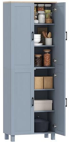 HOMCOM Freestanding Kitchen Cupboard, 4-Door Storage Cabinet with Adjustable Shelves, Modern Kitchen Pantry for Dining Room, 170cm, Grey Wood Effect