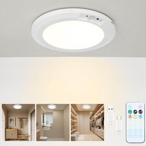 Zhufas Lampara de Techo con Sensor de Movimiento, LED Plafon Recargable Sin Cable Pilas Luz, Luz Ajustable, 3 Temperaturas de Color, Adecuada para Dormitorios, Garajes, Porches Télécommande
