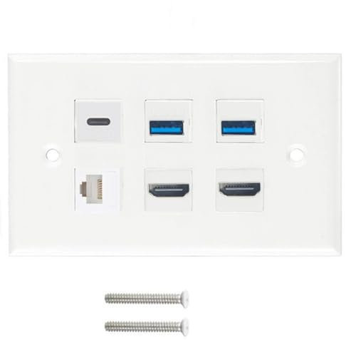 Placa frontal de pared HDTV de 6 puertos blancos, acoplador, extensor de salida, 2 puertos Keystone HDTV, 2 enchufes USB 3.0, fácil instalación, placa de pared de red de datos
