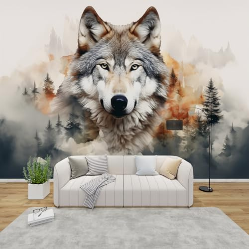 MMYAOKEN Papier Peint Panoramique Loup 200x140 cm - Décoration Murale Animaux Sauvages Forêt - Tapisserie Murales Papier Peint Intissé pour Chambre Salon - Moderne Poster Tableaux Photo Muraux