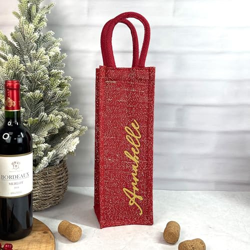 eBuyGB Personalised Bottle Bag with Name, Luxury Red Shimmer Jute Wine Gift Bag, Reusable Christmas Bottle Bag, Champagne & Spirit Gift Bag, Eco-Friendly Festive Packaging (Pack of 1)