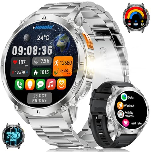 Orologio Smartwatch Uomo Militare con Luce a LED, Display AMOLED 1,62 Pollici, Smart watch con Funzione Telefono, Batteria 730 mAh, Frequenza Cardiaca/Monitor del Sonno, 119 Modalità Fitness Tracker