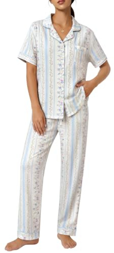 SWOMOG 100% Cotton Women Pyjama Set Short Sleeve Pj Sets 2PCS Cute Print Sleepwear Button Down Shirt with Long Pants