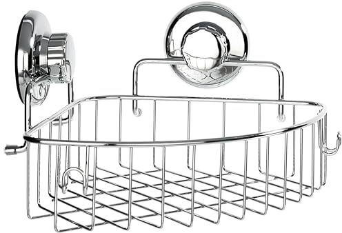 HASKO accessories Corner Shower Caddy with Suction Cups and 3M Adhesive Mounting Discs for porous surfaces - Stainless Steel Basket for Bathroom Storage (Chrome)