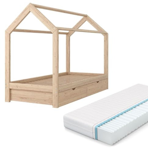VitaliSpa Hausbett Wiki, Naturholz, 90x200 cm mit 2 Schubladen und Matratze