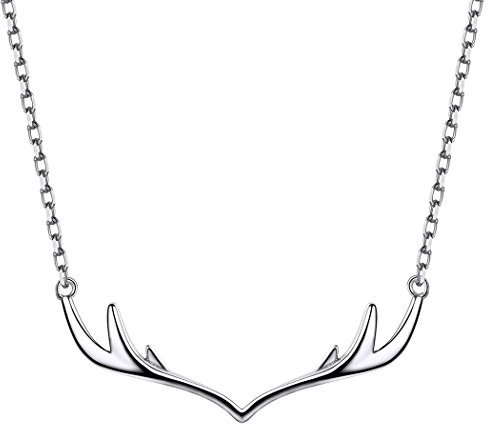 SILVERCUTE Collier Damen Schlüsselbein Kette 925 Sterling Silber Hirschgeweih Anhänger mit 1,5mm 46cm verstellbar Halskette Tierschmuck Frauen Mädchen Geschenk für Weihnachten Jahrestag Geburtstag