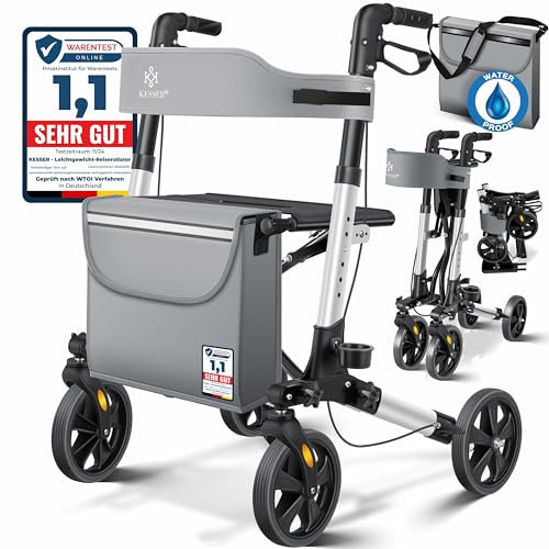 KESSER Rollator Aluminium Set, Leichtgewicht-Reiserollator mit Vollausstattung, 3-fach faltbar für Kofferraum klappbar Reise und Flug, Höhe verstellbar, Gurt, Stockhalter Gehwagen Laufhilfe Gehhilfe