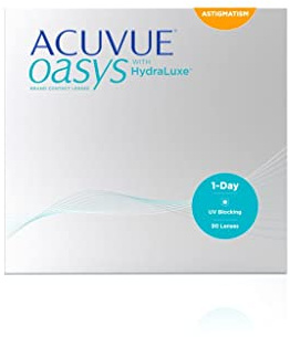 ACUVUE OASYS 1-Day for Astigmatism Kontaktlinsen – Tageslinsen mit angenehmem Tragegefühl – -9 dpt, Cyl -1.25, Ach 180 und BC 8,5 – Mit UV Schutz und Austrocknungsschutz – 90 Linsen
