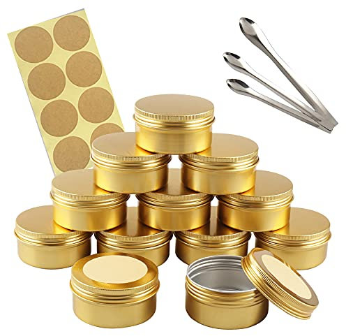 TIANZD 10 Stück Leere 80 ml Rund Gold Aluminium Schraubdose Cremedose Alu-Tiegel Dosen mit Schraub-Deckel 5ml Aludose Blechdosen für Kosmetik Kerze Salben mit 3x Löffel 12x Etikette