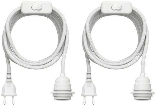 ledscom.de 2 Stück Textilkabel LEKA, Stecker, Schalter, weiß, 3 m, Lampen-Fassung, 1x E27 max. 60W