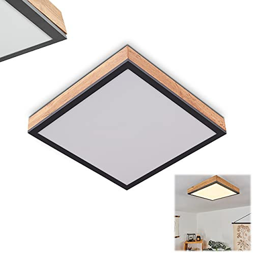 LED Panel Salmi, modernes Deckenpanel aus Metall und MDF in Schwarz/Weiß/Natur, 12 Watt, 1-flammig, 960 Lumen, Lichtfarbe 3000 Kelvin (warmweiß), eckige Deckenlampe in flachem Design