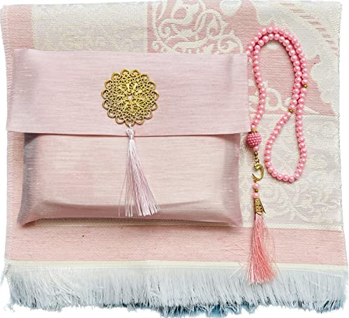 Muslimischer Gebetsteppich und Perlen Mit Elegantem Slub-Stoffbeutel | Janamaz | Sajadah | Weicher Islamischer Teppich | Islamische & Mawlid Geschenke | Matte, Taftstoff (Rosa, 20