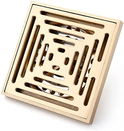 YJYKXP 10,2 cm Duschablauf, Messing, Duschablauf mit abnehmbarer Abdeckung, Gitterrost, quadratischer Bodenabtropfer mit Haarsieb für Küche, Waschraum, Garage und Keller, goldfarben (weiß: D)
