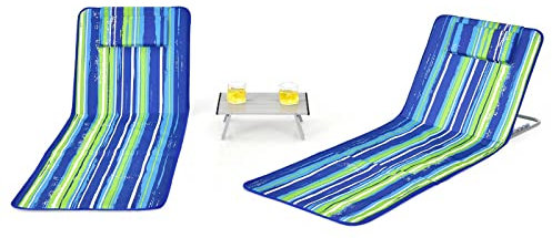 COSTWAY Lot de 2 Tapis de Plage Pliables avec Table d'Appoint, Chaise Longue avec Dossier Réglable en 5 Positions, Bain de Soleil avec Appui-tête, Matelas Portable pour Camping Terrasse(Coloré)