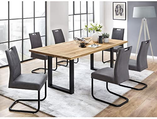 expendio Tischgruppe Massivholztisch Quinn 180x90 cm Eiche rustikal schwarz + Stühle Kato Bezug Microfaser anthrazit Varianten, Anzahl Stühle:mit 8 Stühlen