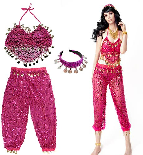 Carnavalife 3Pcs Mujeres Danza del Vientre, Ropa India Lentejuelas para Disfraz de Princesa, Conjunto de Bailando Top Pantalones de Linterna y Diadema para el Pelo (Fucsia)
