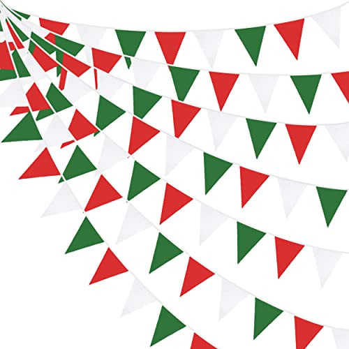 Banderines de tela verde roja blanca y verde, decoración de fiesta, bandera triangular, guirnalda de serpentinas para el día de Navidad, Navidad, cumpleaños, bodas, jardín, decoración colgante