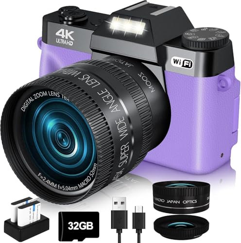 VJIANGER Appareil photo numérique 4K pour photographie 48 MP WiFi Vlogging avec écran rabattable à 180°, zoom numérique 16x, grand angle 52 mm et objectif macro, 2 batteries, carte TF 32 Go (W02-CY13)
