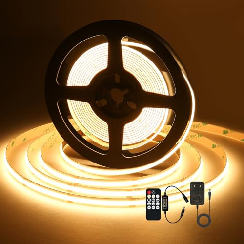 MOMKHBEY COB LED Streifen,2700K Warmweiß LED lights Streifen,DC24V Dimmable COB LED Strip 5m,mit GS Netzteil,480LEDs/M,CRI93,8mm Breite, für Heimdekoration,Schlafzimmer,Küche,Spiegel