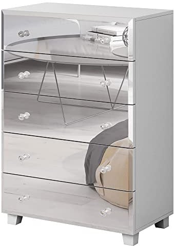 Highboard Kommode mit Spiegel Fronten weiß, mit 5 Schubkästen, B/H/T: ca. 72/106/45 cm