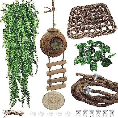MUYG 6PCS Crested Gecko Coconut Hut, Lizard Coco Den with Ladder and Reptile Hammock Bearded Dragon Tank Accessories Climbing Hanging Plants Jungle Vine Flexible Reptile Leaves Decor