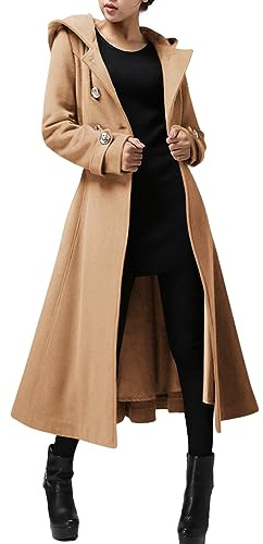 Cicy Bell Langer, zweireihiger Damenmantel mit Kapuze, Winter, warm, Wolle, Trenchcoat mit Gürtel, CAMEL, M