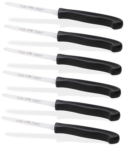 Otto Herder 6er Set Tafelmesser aus Solingen Frühstücksmesser mit Wellenschliff, 21,5 cm, Brötchenmesser aus rostfreiem Edelstahl, mit Schwarzem Griff aus Kunststoff