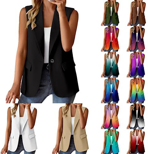 Damen Weste Ärmellos Blazer Jacke Elegant Einfarbig Kurze Gilet Tank Top mit Tasche