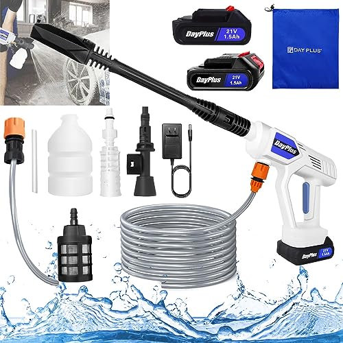 Cordless Pressure Washe Portable High-Pressure Washer Car Washer Wireless Water Cleaner, Electric Washer with 2X 1.5Ah Battery & Fast Charger, Cordless Jet Wash for Garden Patio Yard Window, 5M Hose