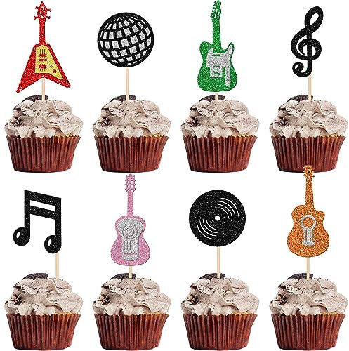 24 Stück Gitarre Cupcake Toppers Musik Noten Tortendeko Glitzer Guitar Rock Kuchen Deko Musikalisch Instrument Torte Dekorationen für Musiker Baby Shower Geburtstag Party