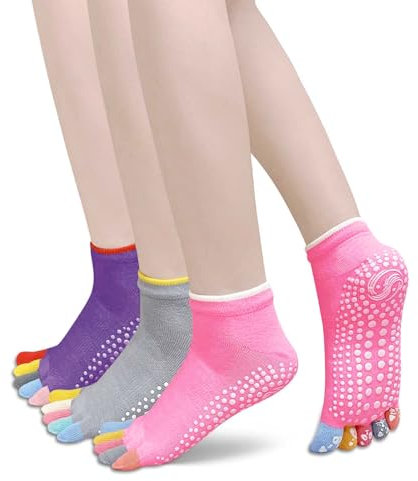 Jicyor 3 Pairs Zehensocken Damen,Rutschfeste Yoga Socken für Damen,AntiRutsch Stoppersocken Antirutschsocken Damen für Yoga Pilates Tanz Ballett und Fitness