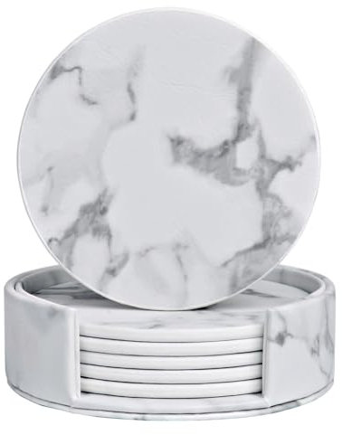 Wityoo Coasters Set of 6,Round White Marble Appearance Leather Coasters Set,Drink Coasters with Holder,Suitable for Various Cups,Coffee Beer Tea Mug Wine Pub,Wooden Tables,Home Decoration