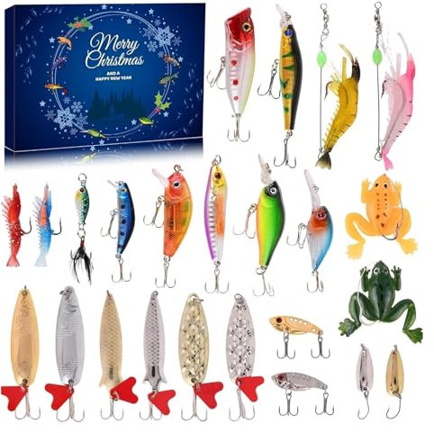 Adventskalender Angelausrüstung Weihnachten Countdown,Weihnachten Angeln Adventskalender, 24 Tage Angelköder Adventskalender Set, Kalender Geschenk für Weihnachten, Ehemann, Fischer Erwachsene Männer