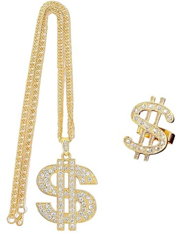 JTMKYO 1 Piece Dollar Necklace, 1 Piece Ring, Dollar Sign Necklace and Ring Set, Hip Hop Gold Chain, Clown Pendant, Cash Symbol Charm, Gold Chain, Rapper Jewelry Accessories.
