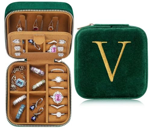Initiale Schmuckkästchen Kleine Schmuckkästchen mit Namen Initiale V Schmuckkästchen Travel Organizer Box mit Spiegel für Damen Mädchen Geschenk für Geburtstage Weihnachten Muttertag