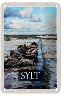 Femer Blechschild Reise 12x18cm Sylt Insel Strand Meer Ebbe und Flut Schild