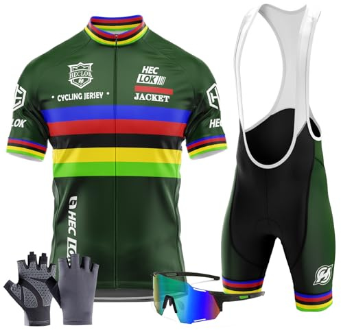HECLOK Maillot Cyclisme Kits Homme Vêtements,Cyclisme Tenue d'été,Cycliste Homme Manche Courte MTB Jersey,avec Cuissard à Bretelle 9D Gel Rembourré,Gants de Cyclisme Les Lunettes (TYP-5,XS)
