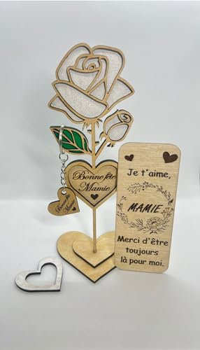 Rose éternelle en bois : Bonne fête mamie avec porte-clés (rouge)