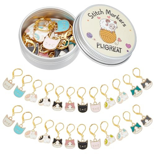PLIGREAT 24 Stück niedliche Katze Charm Maschenmarkierer bunt tropfende Öllegierung Anhänger häkeln Maschenmarkierer zum Weben Nähen Verriegeln Frauen Stricken Geschenke DIY Schmuck machen Zubehör