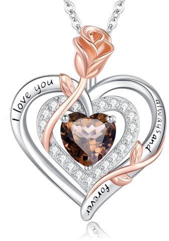 LAVUMO Halskette Damen Silber 925 Doppel Herz Rose Blume Kette Damen Geburtsstein Halsketten Muttertag Geburtstag Valentinstag Weihnachten Schmuck Geschenke Frauen Mama (Silber-Gravur-06-Juni)