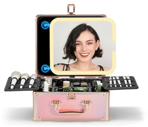 OMIRO Make Up Box mit Beleuchtetem Spiegel, Kosmetikkoffer mit Abnehmbarem Magnetspiegel (Funkelndes Farbverlauf Rosa)