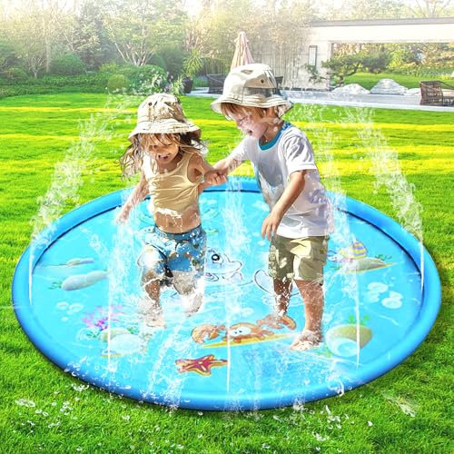 LURNODY Tapis Enfant de Jet d'eau 100cm/39 Pouces Non-Slip Splash Pad Jeu D Eau Exterieur Enfant Arroseur, Jouets Aquatiques D'été en Plein Air Adaptés Aux Enfants âgés de 3 à 12 Ans (Bleu)