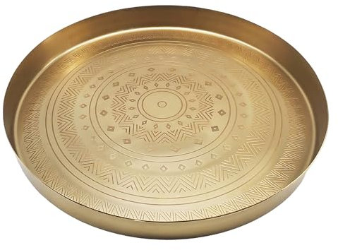Luene Bandeja circular de latón con diseño bohemio grabado, plato redondo grande de color dorado y bandeja decorativa para cocina o decoración del hogar