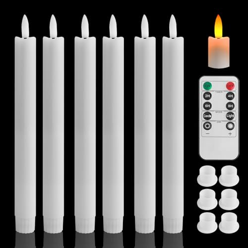 MI CASA Flameless Flickering Taper Candles with Remote Control, Timer, Dimmer, 3D Wick Light Window Led Candles Battery Operated Pack of 6, Christmas Home Wedding Decor (0.78 X 9.8 Inch)